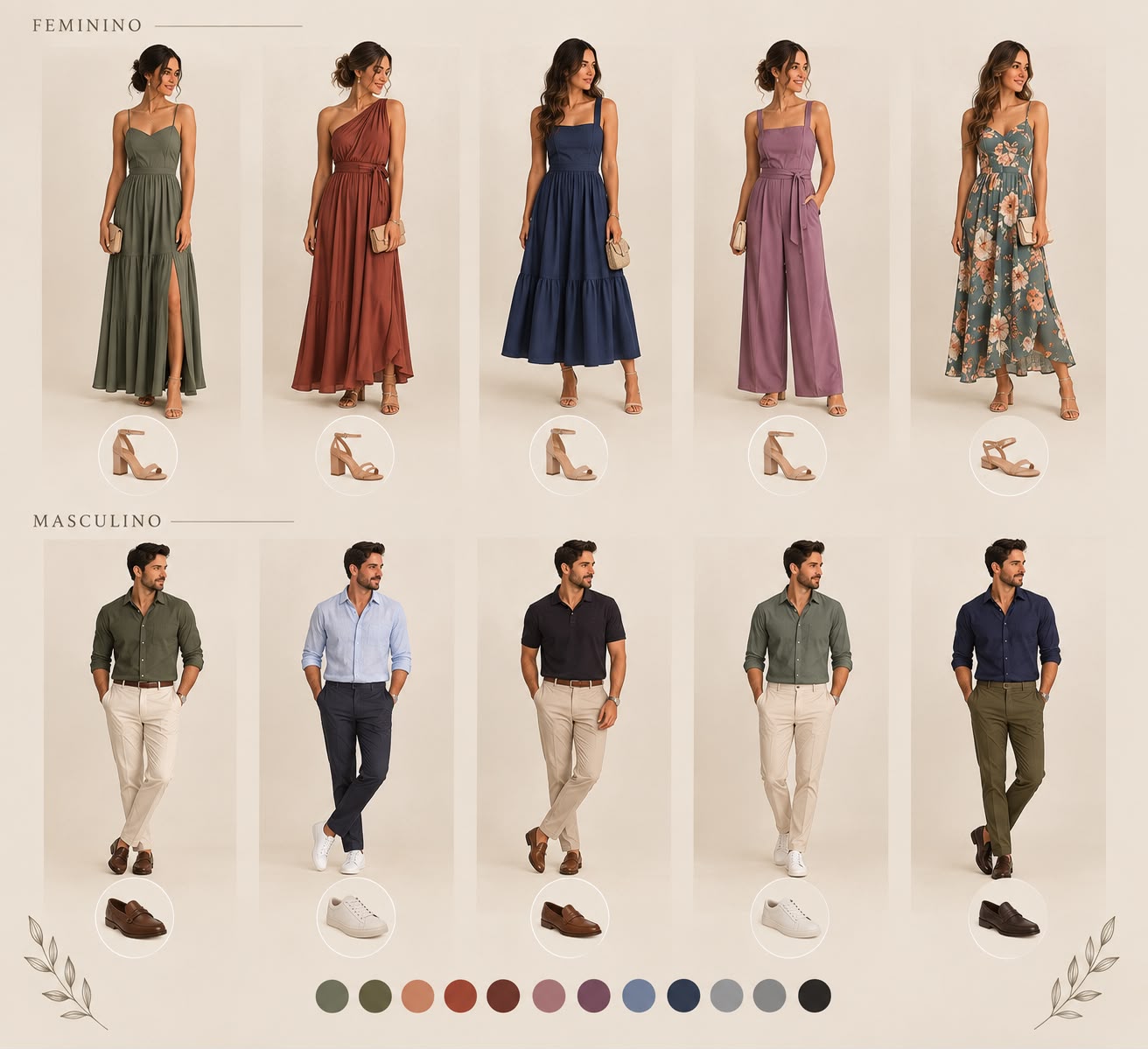 Guia visual do dress code: sugestões de looks esporte fino para elas e eles, calçados de salto bloco e lembrete de não usar branco e bege